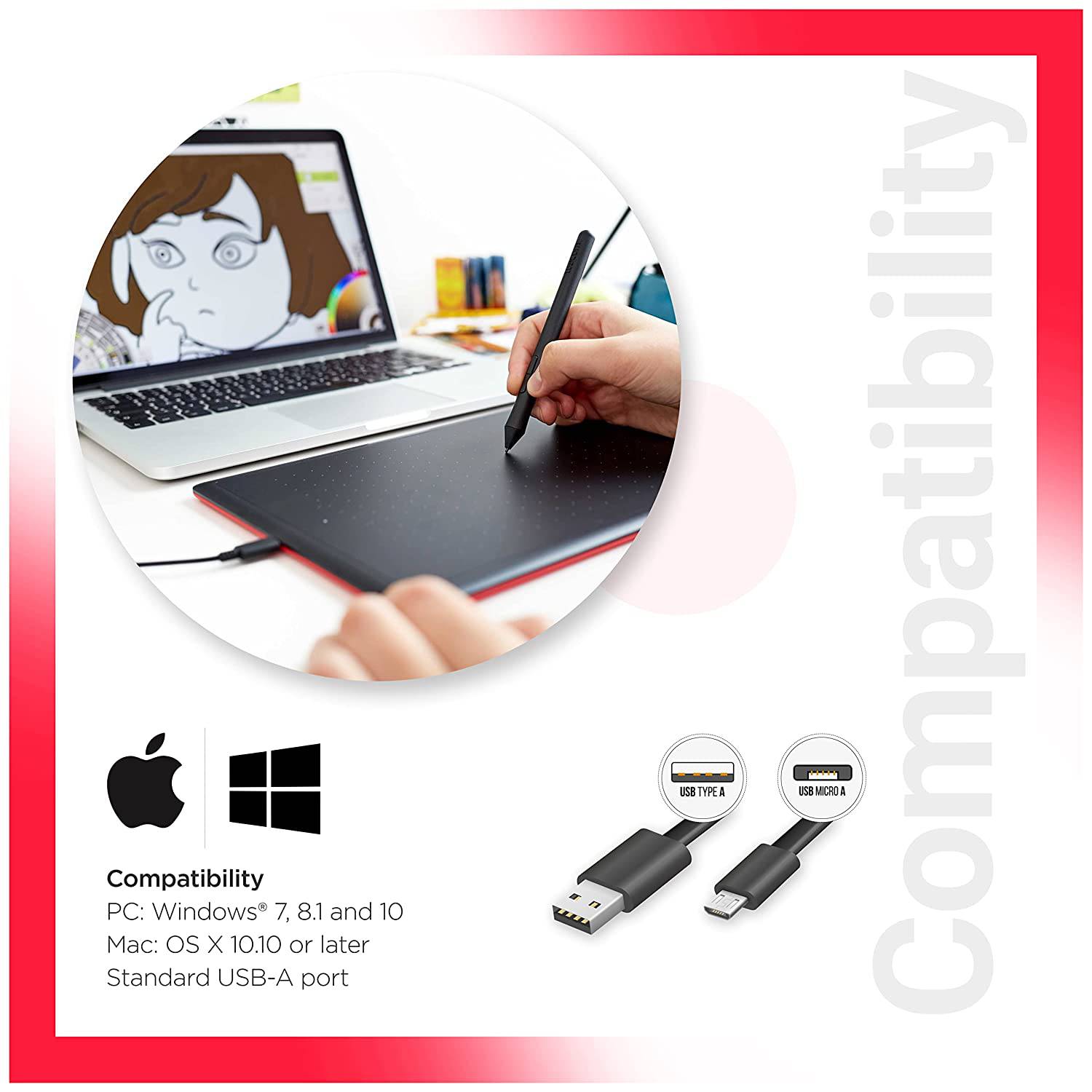 One by WACOM CTL-672/K0-CX Medium 8.5-inch x 5.3-inch Graphic Tablet (Red and Black)