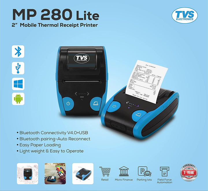 TVS ELECTRONICS MP 280 Lite Mobile Receipt Printer | Ultra-Compact 2 Inch / Bluetooth Connectivity V4.0 + USB, For Ticketing, Billing, Hospitality. - Golchha Computers